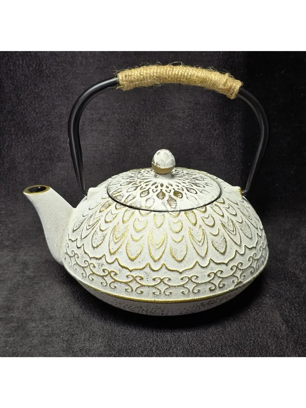 Vintage Colored Cast Iron Teapot Wicker Handle & Removable Infuser Tea Kettle